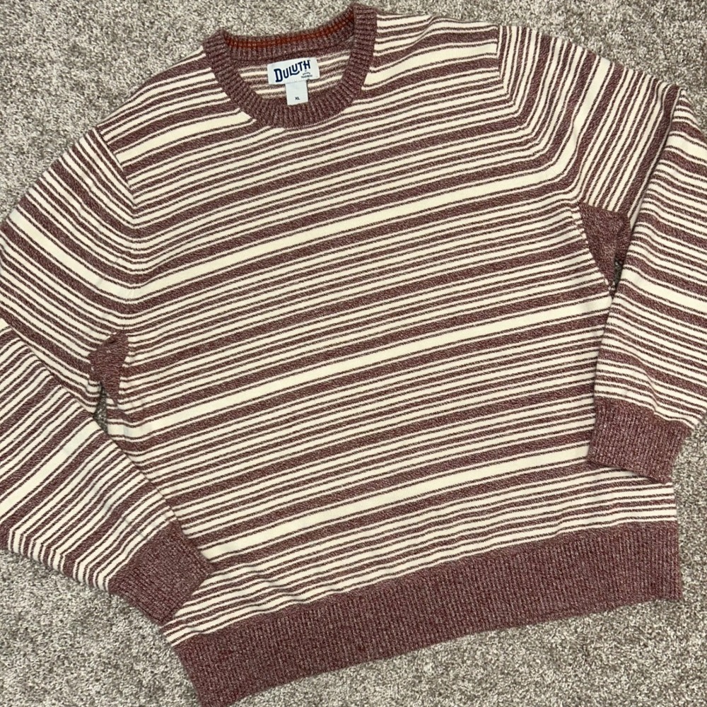 Duluth Trading Co. Men's XL Striped Crewneck Knit Sweater Burgundy Cream